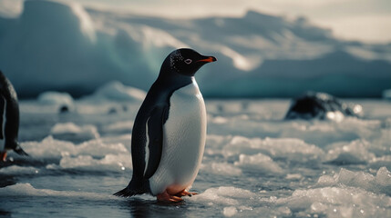 Obraz premium Gentoo penguin standing on a rock.generative ai