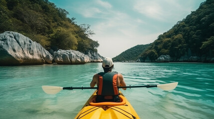 Woman kayaking in tropical sea. Young woman paddling a kayak in the sea.generative ai - obrazy, fototapety, plakaty