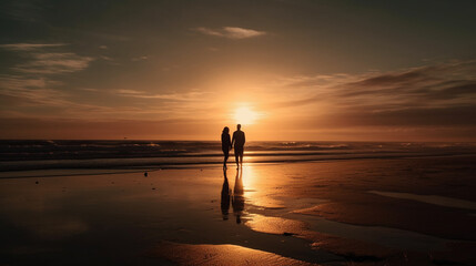 A couple walking on a beach with the sun setting behind them.generative ai