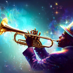 trumpet player jazz magic energy purple star music  - obrazy, fototapety, plakaty