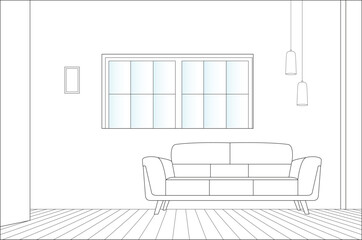 modern living room, A sketch of a living room with a tv and a table with a vase of flowers.