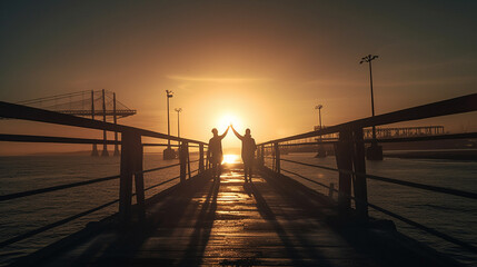 Fototapeta na wymiar A couple stands on a pier with their hands up in the air.generative ai
