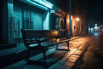 Fototapeta na wymiar bench sitting on a sidewalk at night. Generative Ai