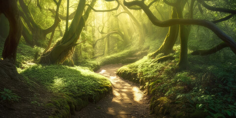 Path in sunlit enchanted forest. Generative AI illustration