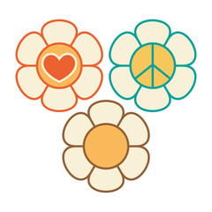 Vintage Flowers 70s design vector illustration. Retro 60s and 80s hippy old flora icon smile face
