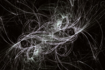 White pattern of crooked threads on a black background. Abstract fractal 3D rendering