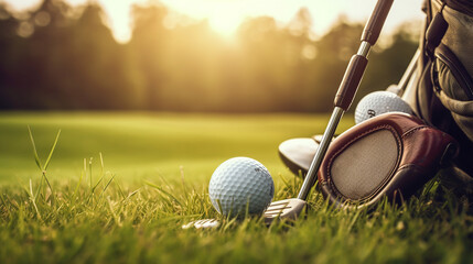 Golf ball and golf club in bag on green grass. Generative Ai - obrazy, fototapety, plakaty