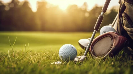 Fotobehang Golf ball and golf club in bag on green grass. Generative Ai © Putra