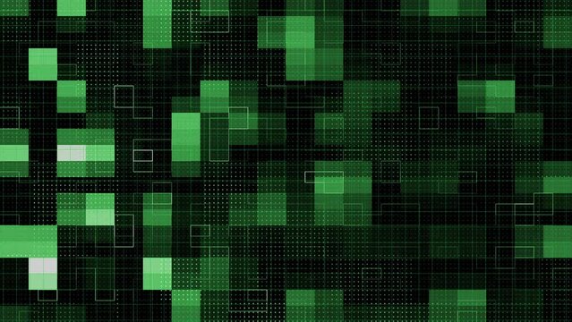 3d animated square blocks, lines, dots on grid surface. Green and black colors. Computer generated abstract digital technology background.
