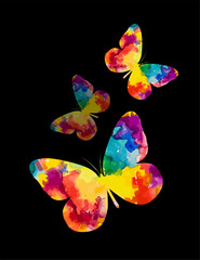 Colored butterfly on a black background. Mixed media . Vector illustration
