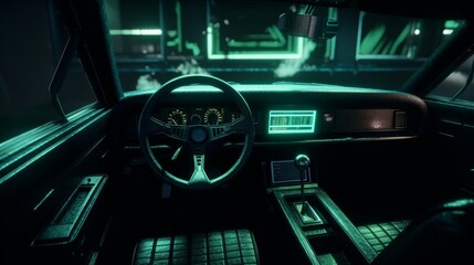Obraz premium Luxury car interior with cool LED lights and technical devices. Generative ai