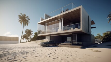 Obraz premium Modern house with panoramic windows on the beach. Modern beach house design. Modern architecture. Beach house. Generative AI