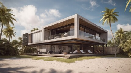 Fototapeta na wymiar Modern house with panoramic windows on the beach. Modern beach house design. Modern architecture. Beach house. Generative AI
