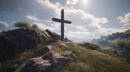 Wooden cross and colorful sunrise in a forested valley in the mountains. Generative ai