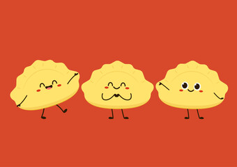 Gyoza vector. Hot dumplings and chopsticks on red background. Steamed dim sum or bun illustration for restaurant logo. Asian food icon for Japanese.