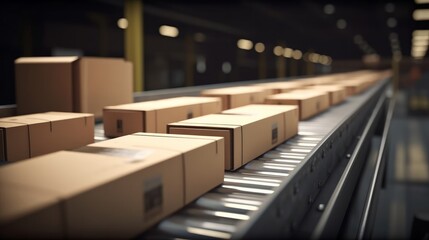 Parcels on conveyor belt in a warehouse. Generative AI