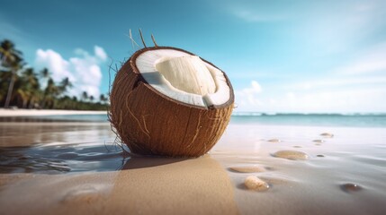 Broken brown coconut on sandy beach. Generative ai