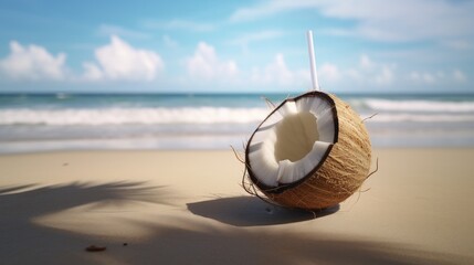 Fototapeta na wymiar Broken brown coconut on sandy beach. Generative ai