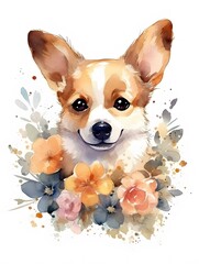 Cute Adorable Watercolor Puppy with Tender Flowers Creative Illustration. Generative Ai