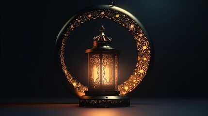 Ornamental Arabic lantern with burning candle glowing at night made with Generative AI