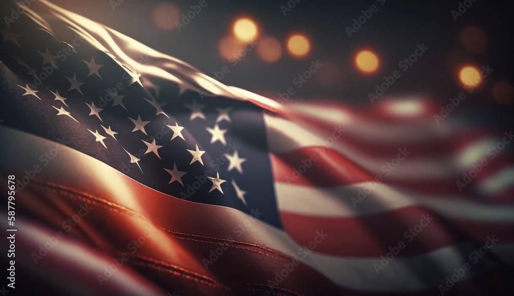 Poster USA flag with bokeh blur background, Generative AI