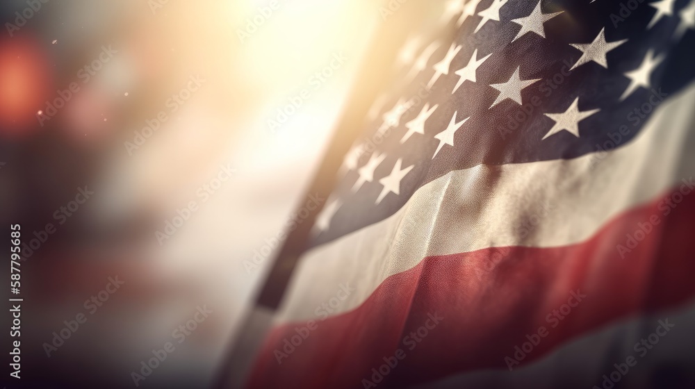 Poster USA flag with bokeh blur background, Generative AI