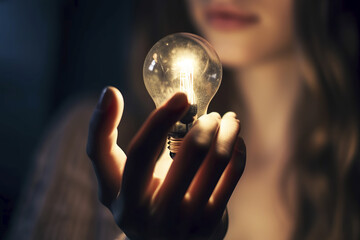 Light bulb in woman hand. Business ideas illustration. Generative AI.