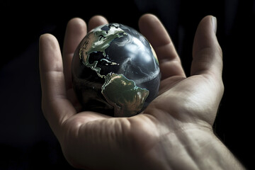 World in hand. Earth globe in the palm of the hand illustration. Generative AI.