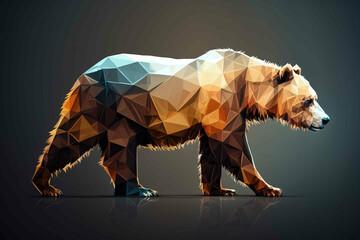 Polygonal brown bear walk, polygonal art, Low poly art. Created with Generative Ai technology