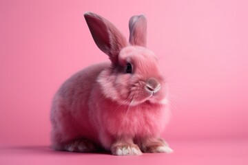 cute pink bunny sitting on a vibrant pink background. Generative AI