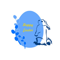 Happy Easter card with rabbit and willow branches. Traditional Easter symbols
