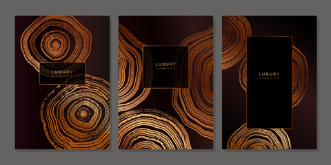 Set of luxury golden backgrounds with wood annual rings texture. Template with shiny tree ring pattern. Stamp of tree trunk in section. Wooden concentric circles. Black and bronze gold background 