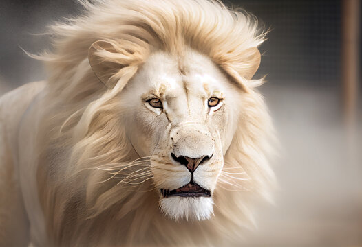 A close up picture of a white lion with a blurry background,Generative AI