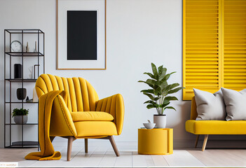 Warm toned living room interior wall mockup with a yellow armchair and a background of a white wall,Generative AI