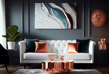 White sofa, marble accent wall, and rose gold coffee table,Generative AI