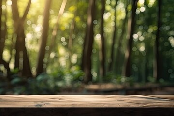 wooden table placed in a lush green forest setting. Generative AI