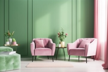 interior background wall modern light simple pink style furniture design floor space. Generative AI.