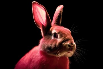 cute brown rabbit with pink ears on a black background. Generative AI