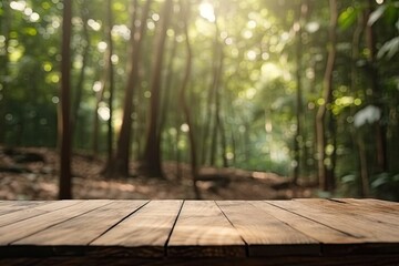 Naklejka premium solitary wooden table surrounded by trees in a peaceful forest setting. Generative AI