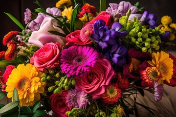 colorful vibrant bouquet of various flowers created with Generative AI technology.