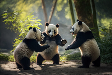 Obraz premium A Family of pandas playing and interacting with each other created with Generative AI technology.