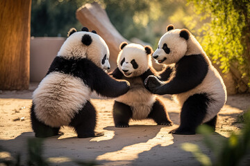 A Family of pandas playing and interacting with each other created with Generative AI technology.