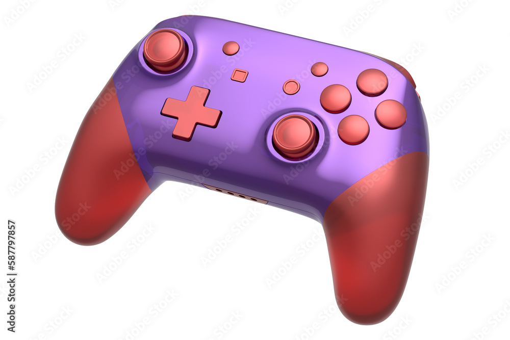 Poster realistic video game joystick with violet chrome texture isolated on white