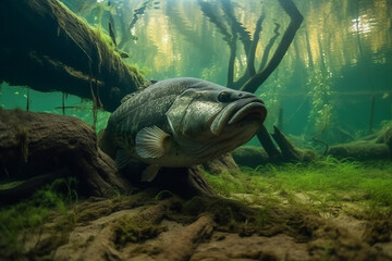 largemouth bass underwater among snags generated by AI - obrazy, fototapety, plakaty