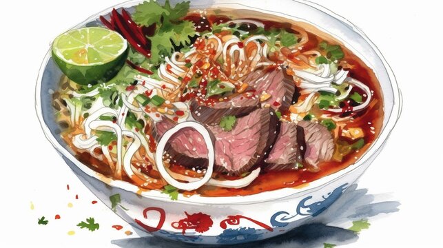 Depict a rich and savory watercolor portrait of a bowl of beef pho on a white background, using bold colors and intricate detailing to convey its complexity and depth of flavor Generative AI