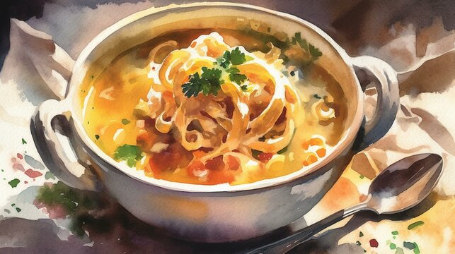 Paint a warm and comforting watercolor portrait of a bowl of creamy chicken noodle soup on a white background, using soft colors and gentle brushstrokes to convey its warmth and co Generative AI
