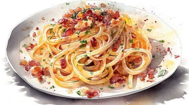 Illustrate a rich and indulgent watercolor painting of a plate of spaghetti carbonara on a white background, using bold colors and intricate detailing to convey its creaminess and Generative AI