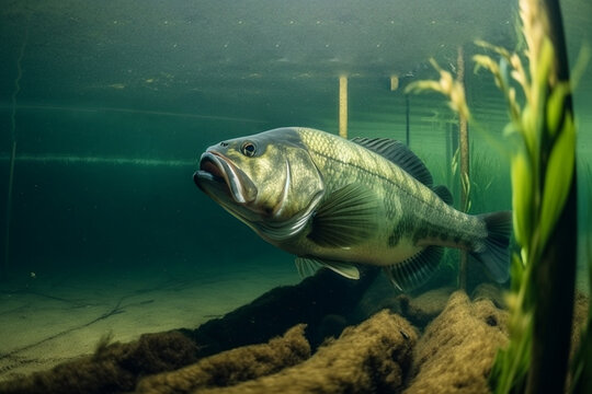 largemouth bass underwater among snags generated by AI