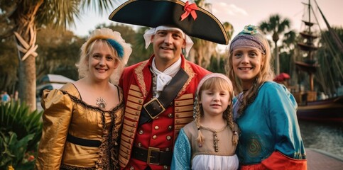 Fictional costuemd family picture in an amusment park. Friendly group of people in costumes. Generative AI illustration.