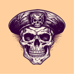 Skull with pirate hat. Woodcut engraving style hand drawn vector illustration. Optimized vector.	
